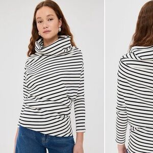 Elegant Black and White Striped Cowl Neck Sweater